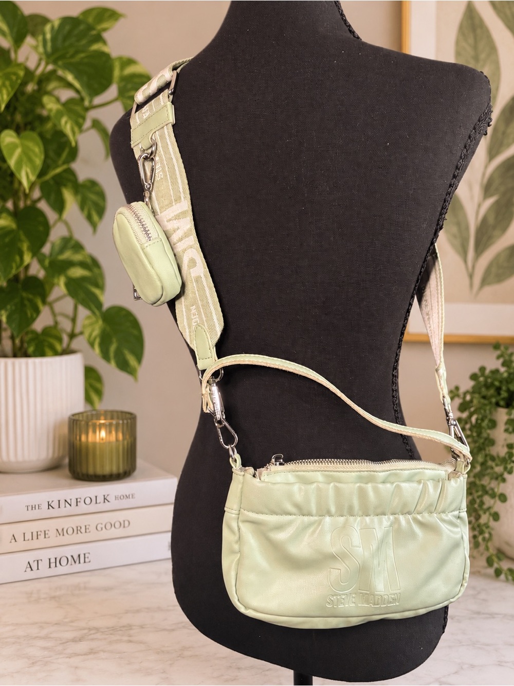 Steve Madden Sage Green Ruched Crossbody Logo Strap Coin Pouch Y2K Shoulder Bag